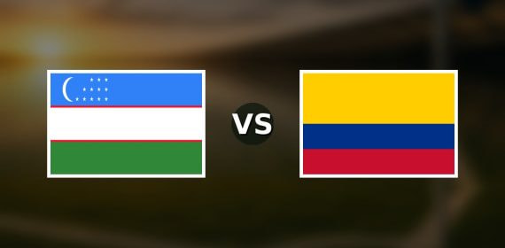 Banderas de Uzbekistán y Colombia enfrentadas sobre un campo de fútbol difuminado, pronóstico del Mundial 2026