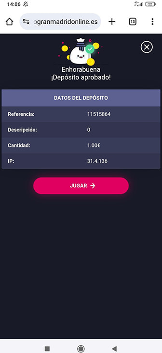 Confirmación de un depósito aprobado en la app de una casa de apuestas