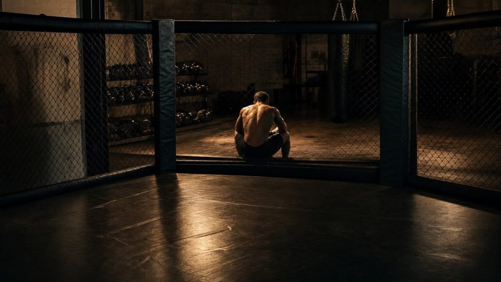 Un luchador de espaldas sentado al borde de una jaula de MMA en un gimnasio vacío de noche