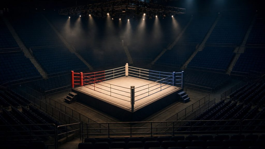 Ring de boxeo vacío iluminado por focos en el centro de un pabellón a oscuras con las gradas sin público
