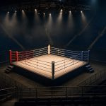 Ring de boxeo vacío iluminado por focos en el centro de un pabellón a oscuras con las gradas sin público