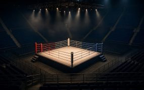 Ring de boxeo vacío iluminado por focos en el centro de un pabellón a oscuras con las gradas sin público
