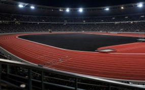 Pista de atletismo iluminada de noche con el césped interior en negro y las gradas llenas de público