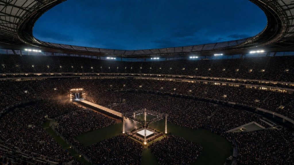 Estadio de fútbol lleno al anochecer con un ring de lucha libre iluminado en el centro del campo