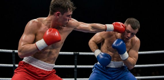 Dos púgiles intercambian golpes en el centro del ring durante un combate profesional