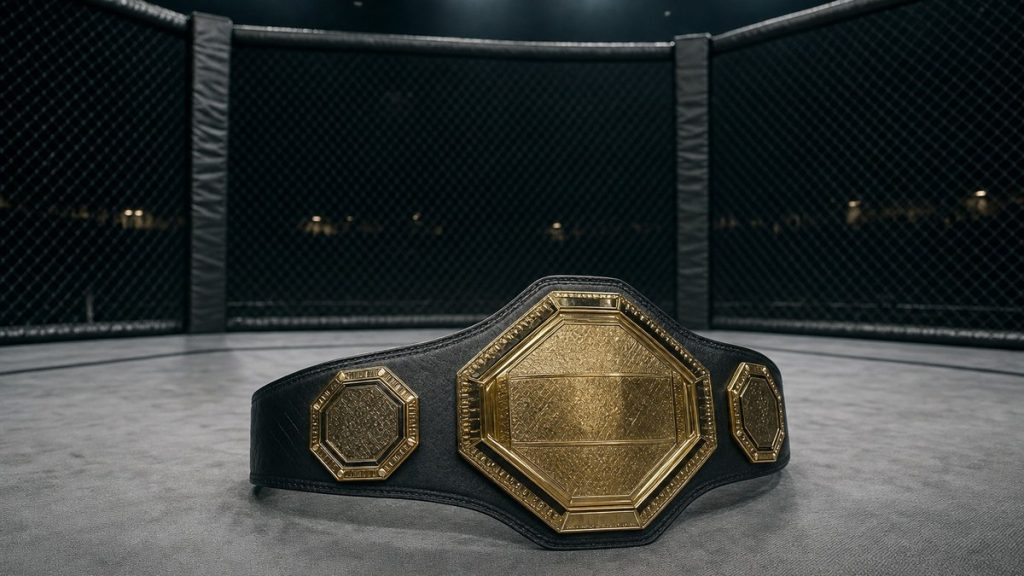 Cinturón de campeón de artes marciales mixtas apoyado en la lona de un octógono vacío