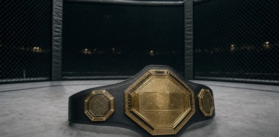 Cinturón de campeón de artes marciales mixtas apoyado en la lona de un octógono vacío