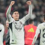 Lorenzo Aguado, del Albacete Balompié, celebra la victoria conseguida en Copa del Rey ante el Real Madrid en el Carlos Belmonte en enero de 2026.