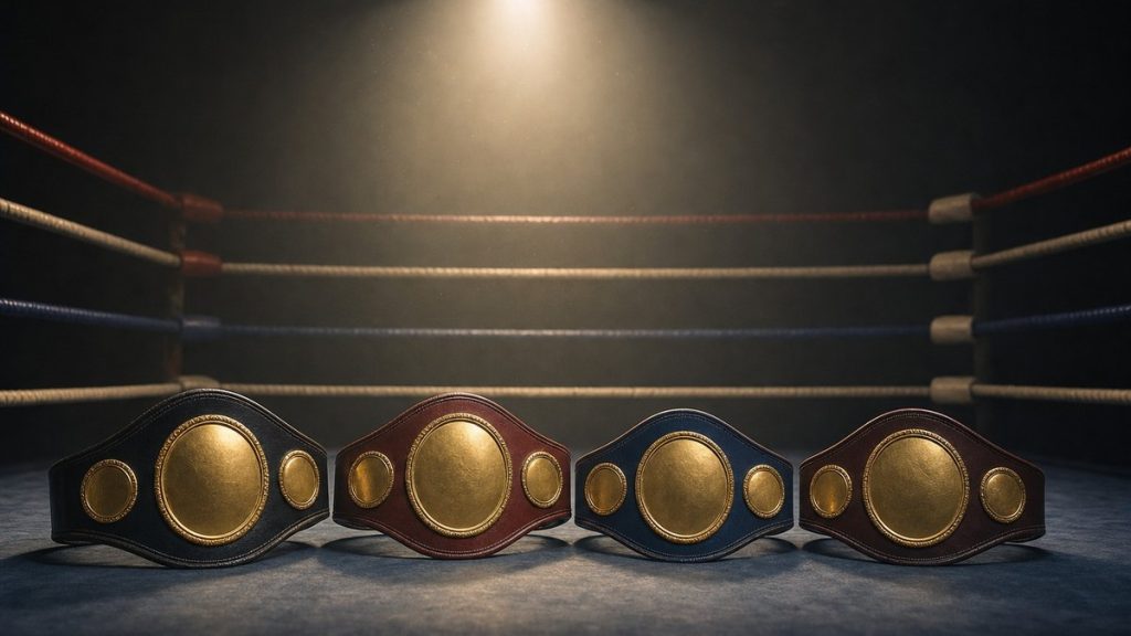 Cuatro cinturones de campeón alineados sobre la lona de un ring de boxeo vacío
