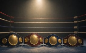 Cuatro cinturones de campeón alineados sobre la lona de un ring de boxeo vacío