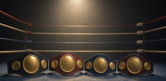 Cuatro cinturones de campeón alineados sobre la lona de un ring de boxeo vacío