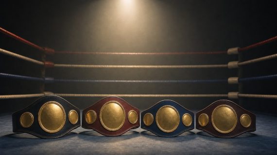 Cuatro cinturones de campeón alineados sobre la lona de un ring de boxeo vacío