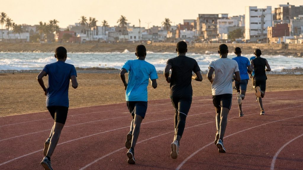 Jóvenes atletas corriendo de espaldas por una pista de atletismo junto al océano en una ciudad de África Occidental
