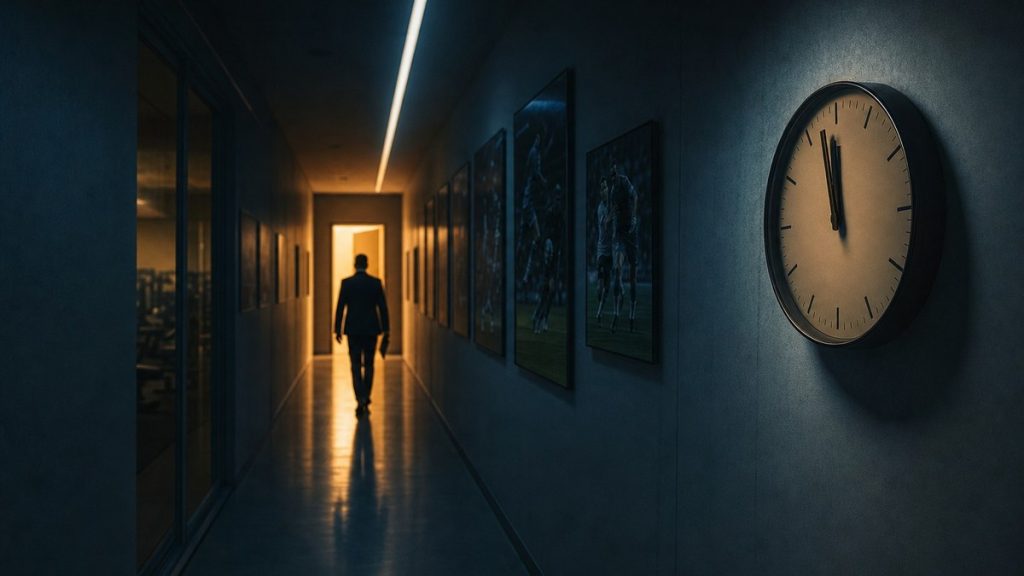 Un reloj de pared a punto de marcar las doce en el pasillo nocturno de las oficinas de un club de fútbol