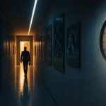 Un reloj de pared a punto de marcar las doce en el pasillo nocturno de las oficinas de un club de fútbol