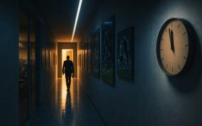 Un reloj de pared a punto de marcar las doce en el pasillo nocturno de las oficinas de un club de fútbol