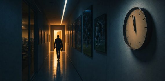 Un reloj de pared a punto de marcar las doce en el pasillo nocturno de las oficinas de un club de fútbol