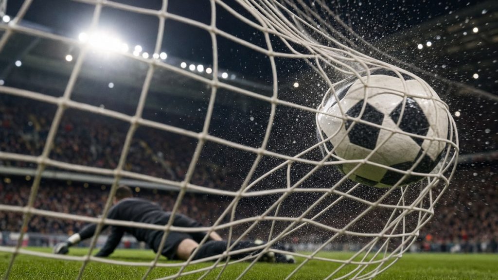 Balón cruzando la línea de gol y golpeando la red en un estadio de fútbol iluminado de noche