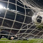Balón cruzando la línea de gol y golpeando la red en un estadio de fútbol iluminado de noche