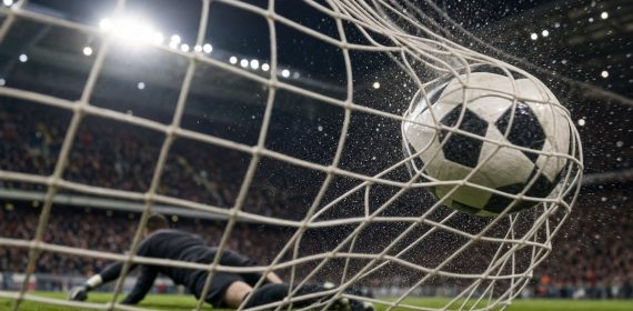 Balón cruzando la línea de gol y golpeando la red en un estadio de fútbol iluminado de noche