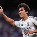 Gonzalo García celebra el último gol anotado con el Real Madrid ante el Athletic Club en un partido de Liga.