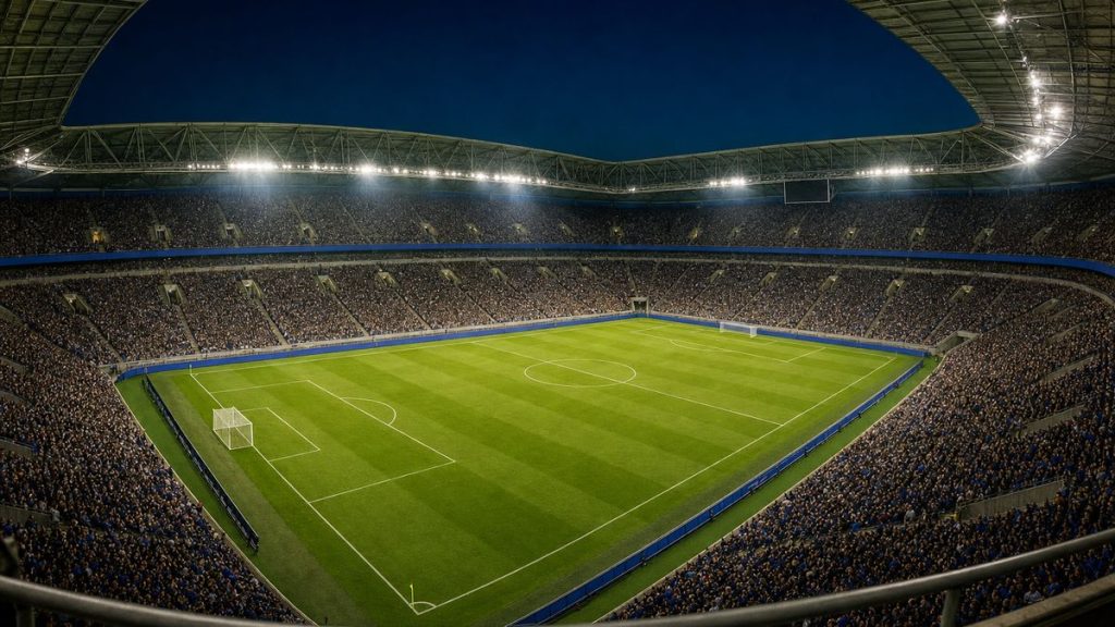 Estadio de fútbol lleno con los focos encendidos y el césped recién marcado antes de una jornada inaugural