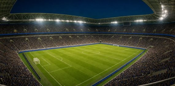 Estadio de fútbol lleno con los focos encendidos y el césped recién marcado antes de una jornada inaugural