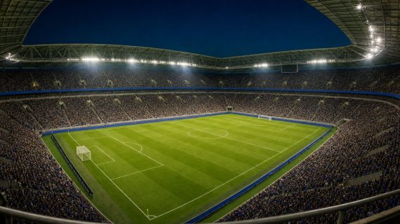 Estadio de fútbol lleno con los focos encendidos y el césped recién marcado antes de una jornada inaugural