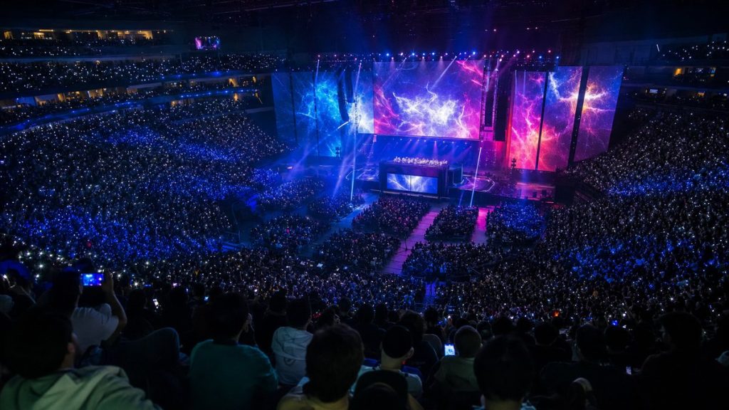 Público llenando un pabellón durante una final de esports, con las pantallas del escenario iluminadas
