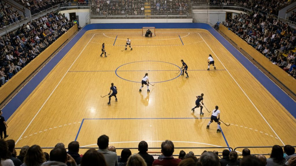 Vista general desde la grada de un pabellón lleno durante un partido de hockey sobre patines