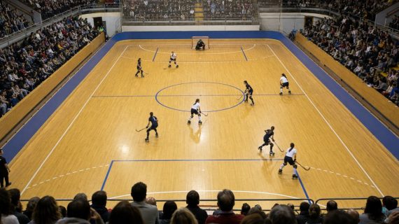 Vista general desde la grada de un pabellón lleno durante un partido de hockey sobre patines