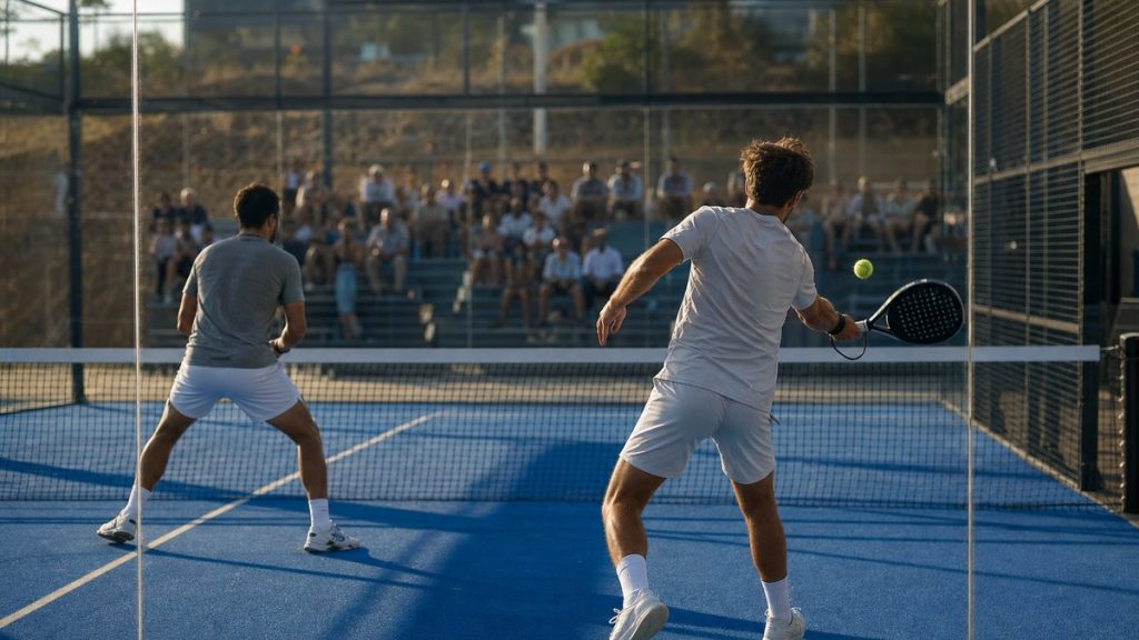 Dos jugadores de pádel disputan un punto en una pista exterior acristalada con público en la grada