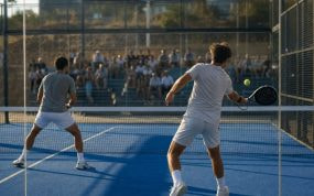 Dos jugadores de pádel disputan un punto en una pista exterior acristalada con público en la grada