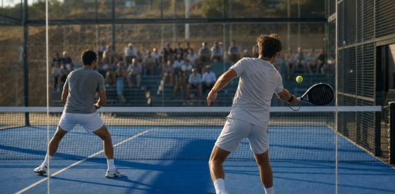 Dos jugadores de pádel disputan un punto en una pista exterior acristalada con público en la grada