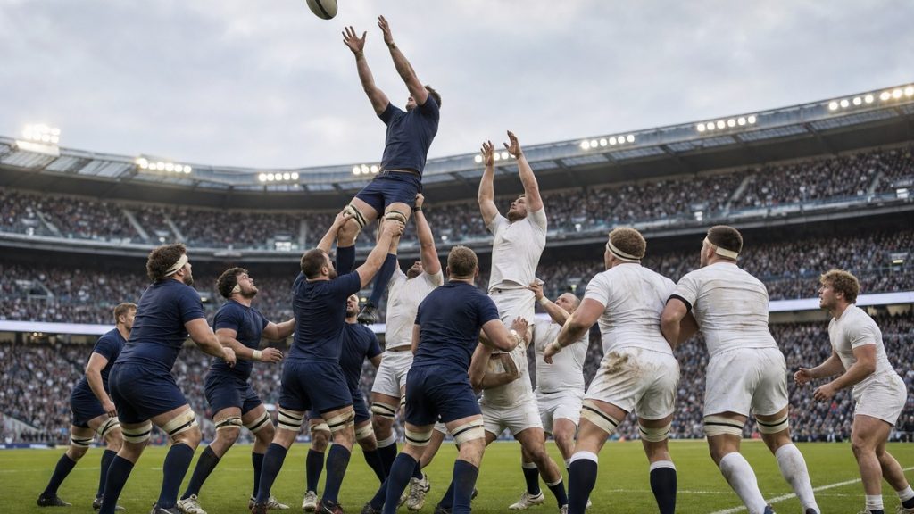 Dos delanteros saltan a por el balón en una touche durante un partido internacional de rugby