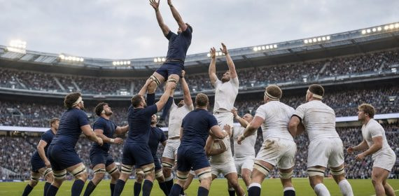 Dos delanteros saltan a por el balón en una touche durante un partido internacional de rugby