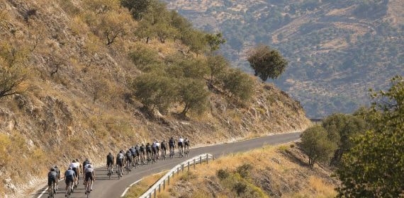 El pelotón asciende en fila por una carretera de montaña entre laderas secas y olivos del sur de España