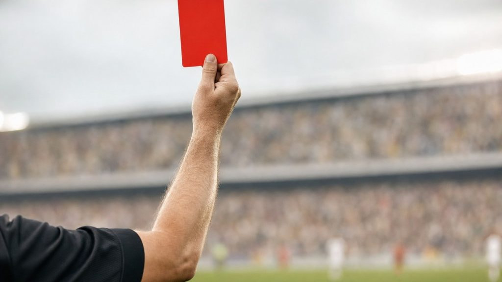 El brazo de un árbitro levanta una tarjeta roja sobre el césped, con la grada desenfocada al fondo