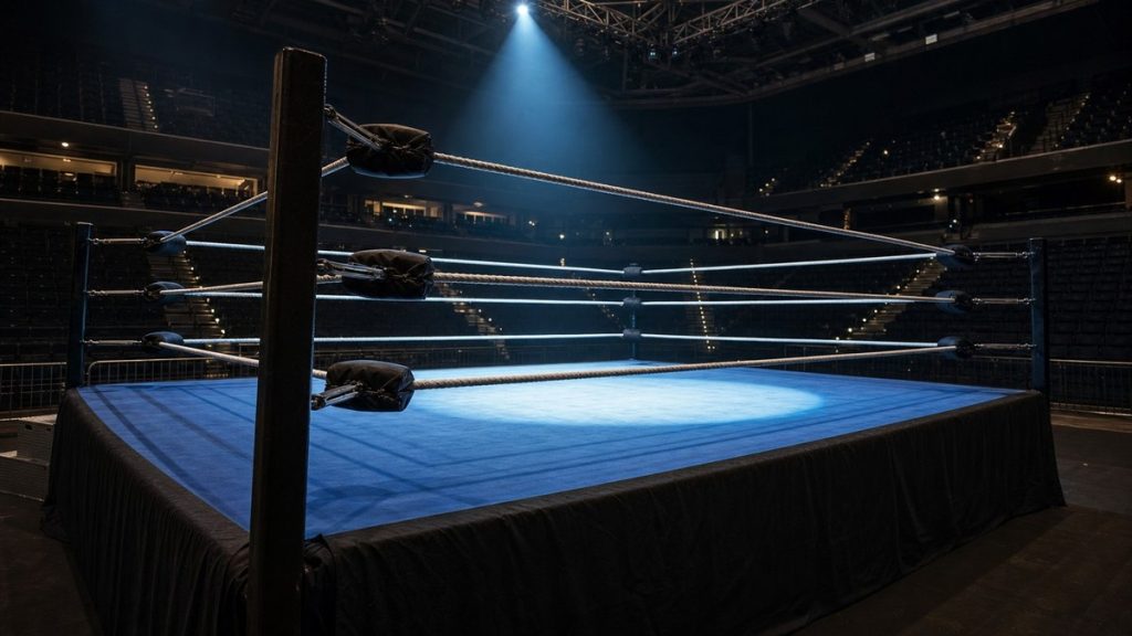 Ring de lucha libre vacío e iluminado por un foco en un pabellón antes de una función