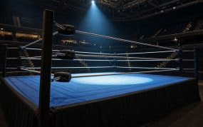 Ring de lucha libre vacío e iluminado por un foco en un pabellón antes de una función