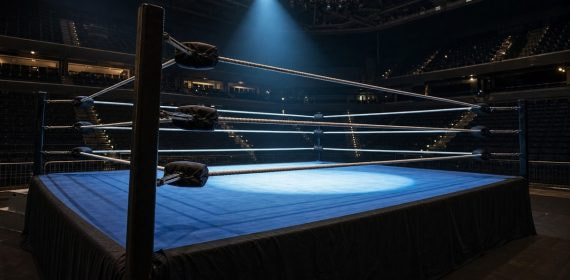 Ring de lucha libre vacío e iluminado por un foco en un pabellón antes de una función