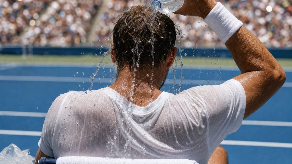 Un tenista se echa agua helada sobre la nuca en el banquillo durante un cambio de lado en pista dura