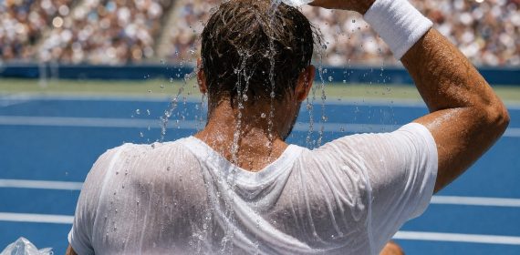 Un tenista se echa agua helada sobre la nuca en el banquillo durante un cambio de lado en pista dura