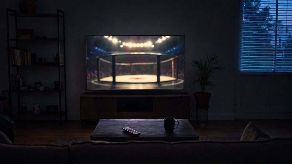 Salón a oscuras de madrugada con la televisión encendida mostrando una jaula de artes marciales desenfocada.