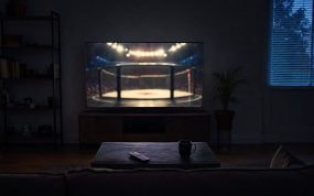 Salón a oscuras de madrugada con la televisión encendida mostrando una jaula de artes marciales desenfocada.