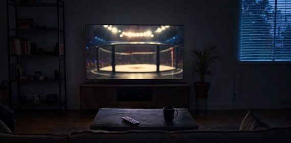 Salón a oscuras de madrugada con la televisión encendida mostrando una jaula de artes marciales desenfocada.