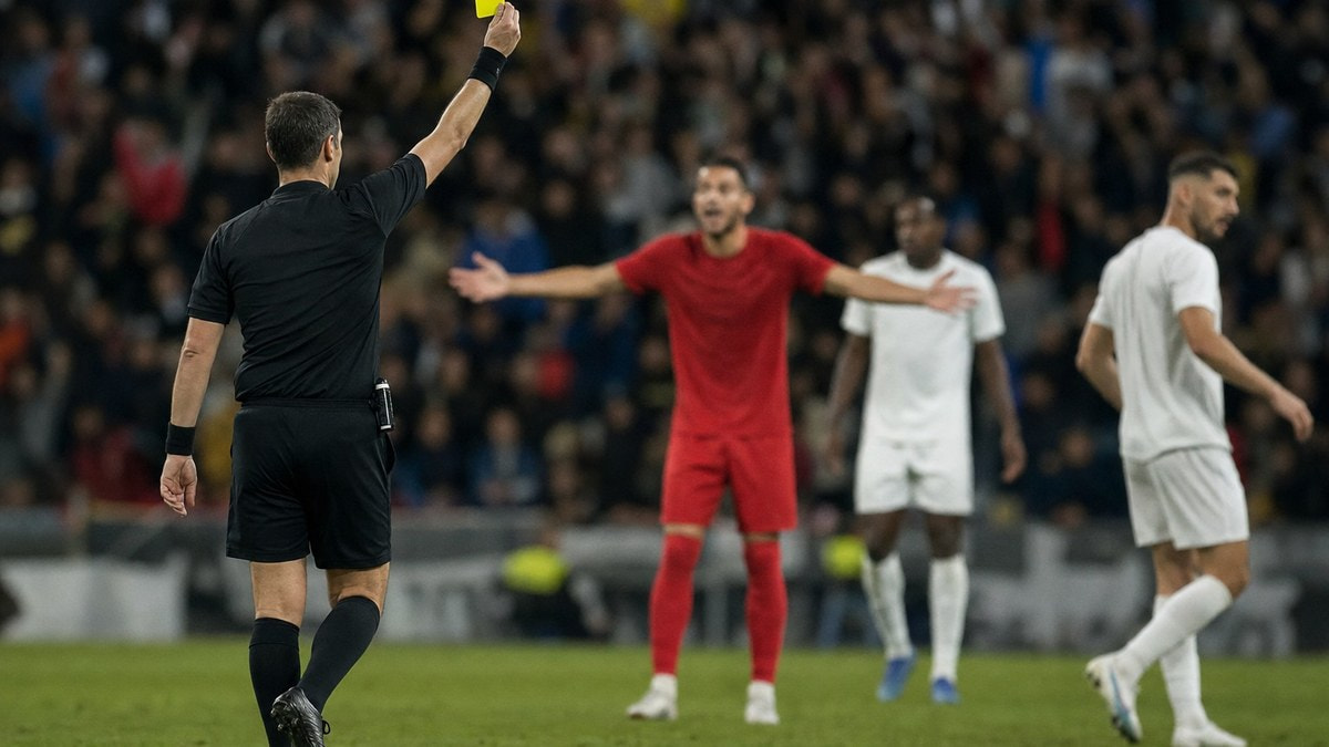 Un árbitro de espaldas levanta una tarjeta amarilla ante un jugador de rojo que protesta en un estadio de noche