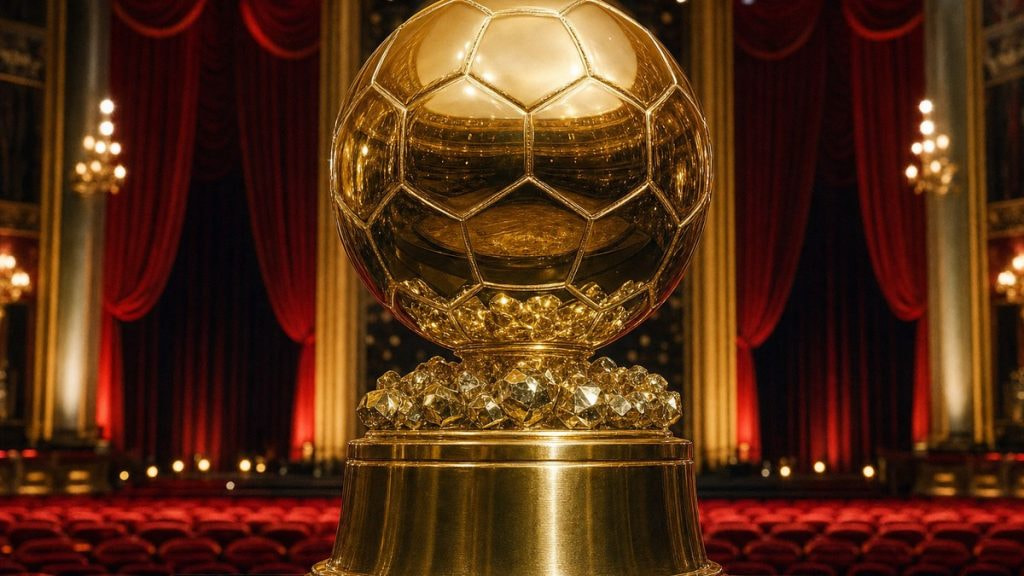 Trofeo dorado con forma de balón sobre un pedestal en el escenario de un teatro con cortinas de terciopelo rojo