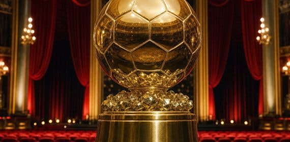 Trofeo dorado con forma de balón sobre un pedestal en el escenario de un teatro con cortinas de terciopelo rojo