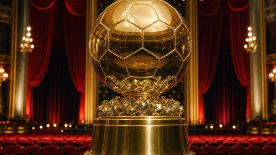 Trofeo dorado con forma de balón sobre un pedestal en el escenario de un teatro con cortinas de terciopelo rojo